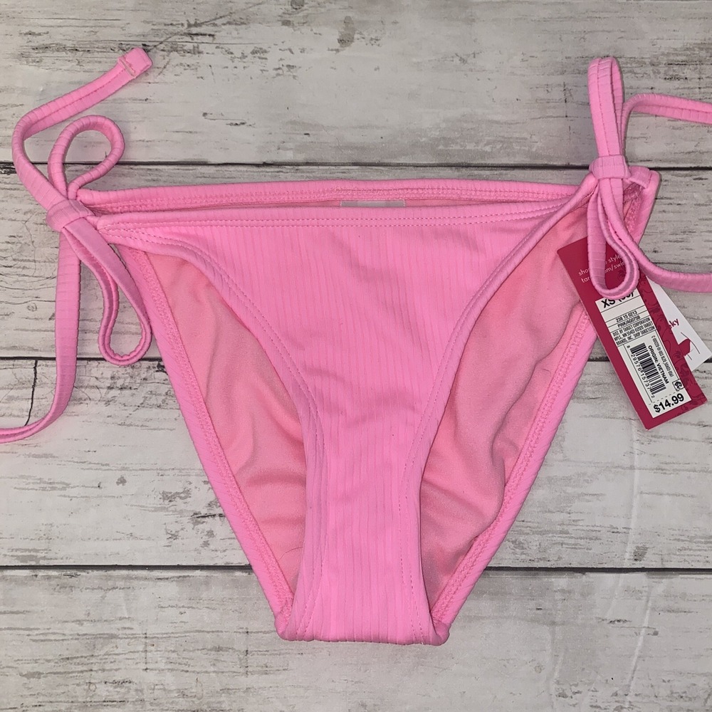 Xhilaration Bikini Bottom Womens XS Neon Pink Solid Ribbed Cheeky Tie Swim XS